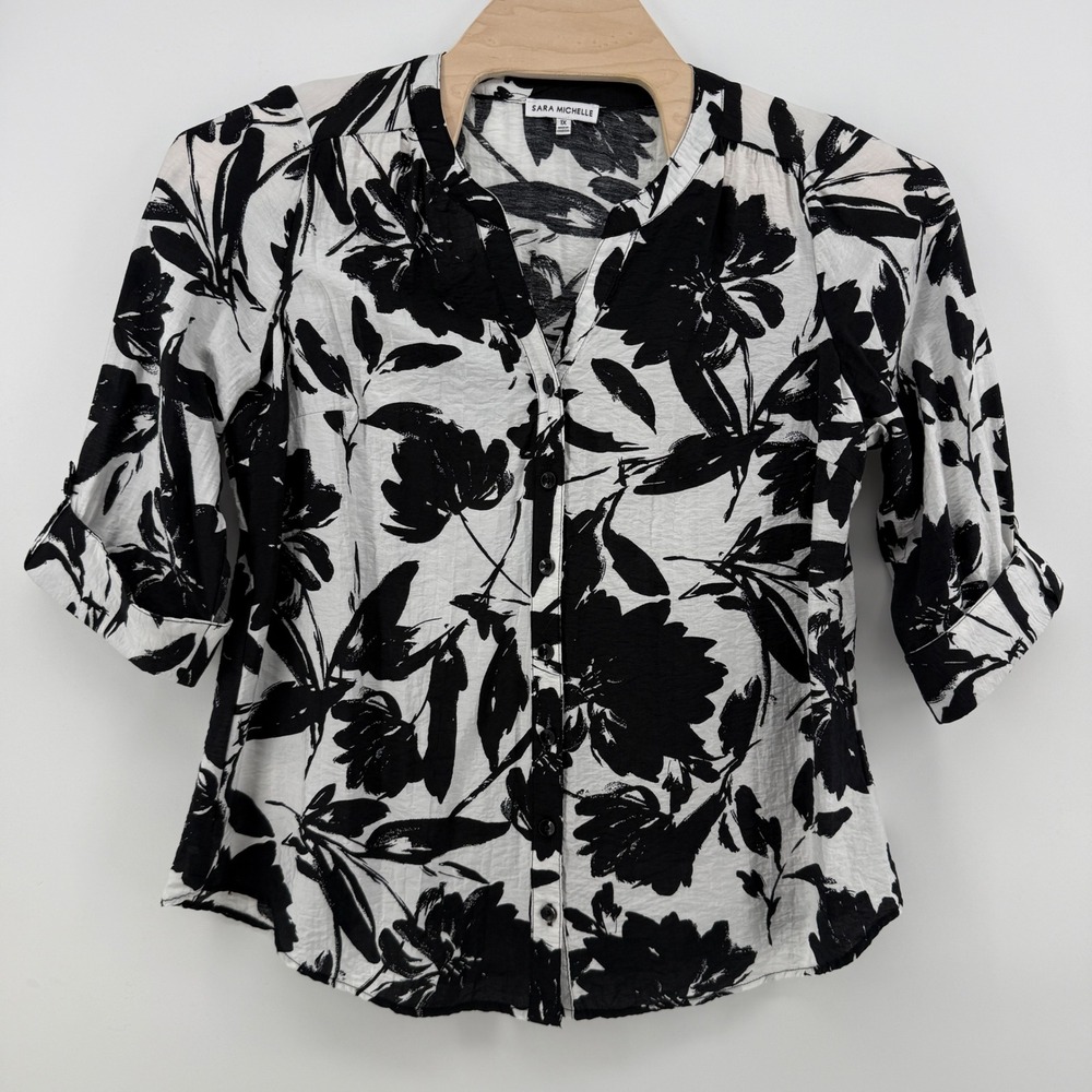 Sara Michelle Womens 1X Black White Floral Button Front Roll Tab Sleeve Blouse